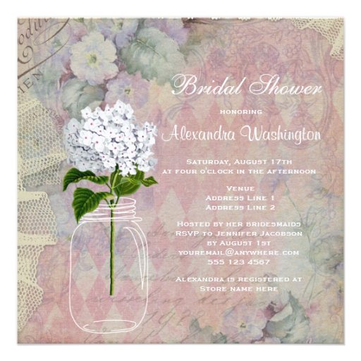 Shabby Chic Mason Jar & Hydrangea Bridal Shower Custom Invites