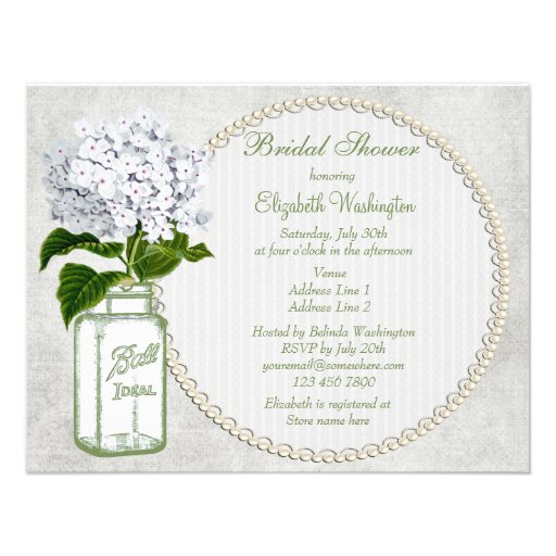 Shabby Chic Mason Jar & Hydrangea Bridal Shower Custom Invitations