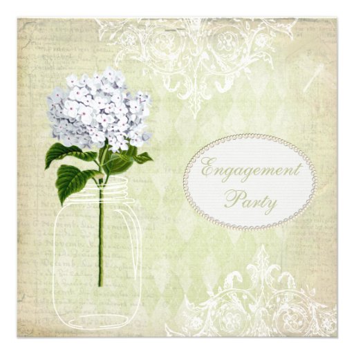 Shabby Chic Mason Jar & Hydrangea Engagement Custom Invitations