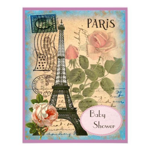 Shabby Chic Paris Eiffel Tower & Roses Baby Shower Announcements