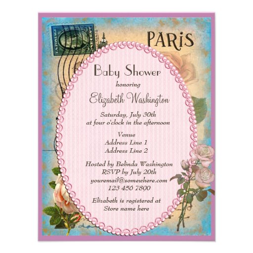 Shabby Chic Paris Eiffel Tower & Roses Baby Shower Announcements