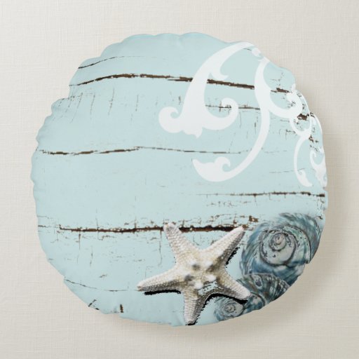 shabby chic rustic teal blue beach seashells round pillow Zazzle