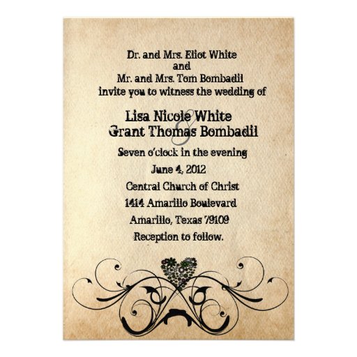 Shabby Rustic Black Heart Wedding Invitation