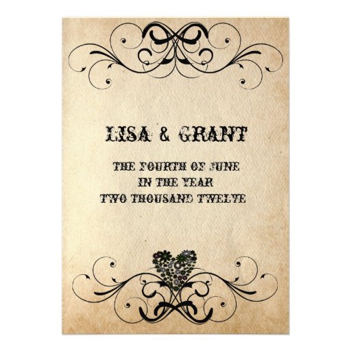 Shabby Rustic Black Heart Wedding Invitation