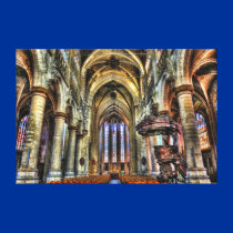 Shadowed interior of catholic church canvas prints