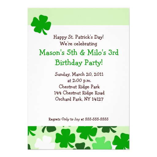 SHAMROCKS ST PATRICKS DAY 5x7 Birthday Personalized Invites