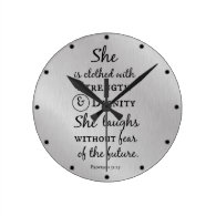She is Clothed in Strength and Dignity Bible Verse Wall Clock