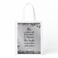 She is Clothed in Strength and Dignity Bible Verse Market Tote
