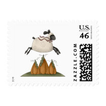 sheep jumping over pumpkins stamp