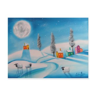 SHEEP MOON NAIVE FOLK PAINTING postcard