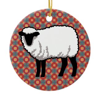 Sheep on Ornate Red Pattern Christmas Ornaments