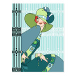 Shelby, 1930s Lady in Aqua and Teal Postcard
