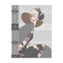 Shelby, 1930s Lady in Gray and Rose Postcard