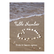 Shell heart on sandy beach reception place cards business cards