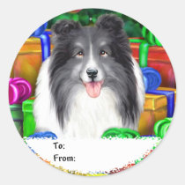 Sheltie Christmas Open Gifts Bi Black Gift Tags stickers