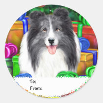 Sheltie Christmas Open Gifts Bi Blue Gift Tags stickers