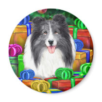 Sheltie Christmas Open Gifts Bi Blue magnets