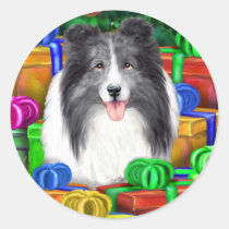 Sheltie Christmas Open Gifts Bi Blue stickers