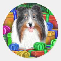 Sheltie Christmas Open Gifts Blue Merle stickers