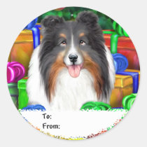 Sheltie Christmas Open Gifts Tri Color Gift Tags stickers