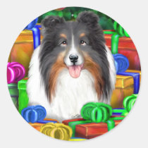 Sheltie Christmas Open Gifts Tri Color stickers