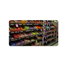 Shelves of chocolate bars in store custom address labels