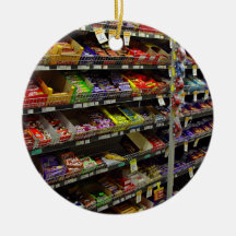 Shelves of chocolate bars in store christmas tree ornaments