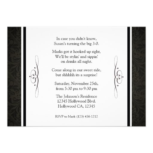 Shhh!  It's a surprise.  Black and White Damask Custom Invites