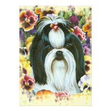 Shih Tzu and Pansies Art Print Invite