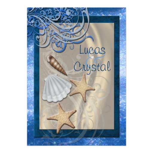 Shimmering Seashell Blue Beach Wedding Invitation