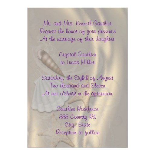 Shimmering Seashell Plum Beach Wedding Invitation