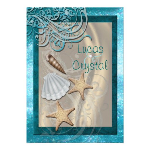 Shimmering Seashell Teal Beach Wedding Invitation