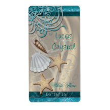 Shimmering Seashell Teal Wedding Wine Label