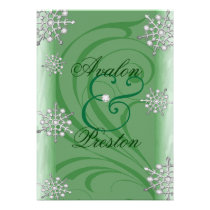 Shimmering Snowflake Green Winter Wedding Custom Announcements