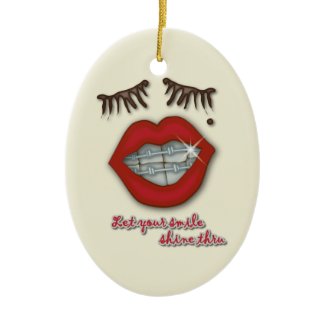 Shiny Braces, Red Lips, Mole, and Thick Eyelashes Christmas Ornament