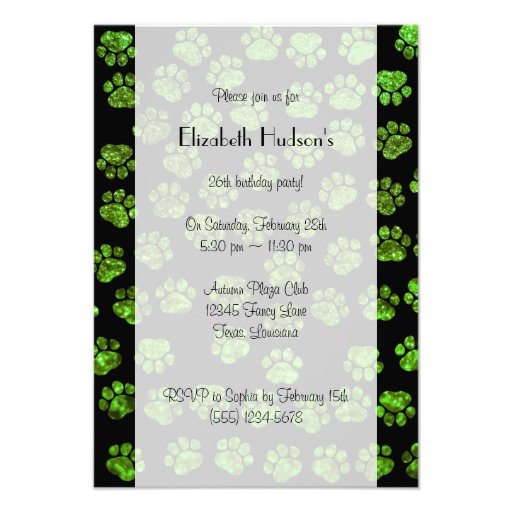 Shiny Glitter Dog Paws Paw-prints Green, Black Personalized Announcement