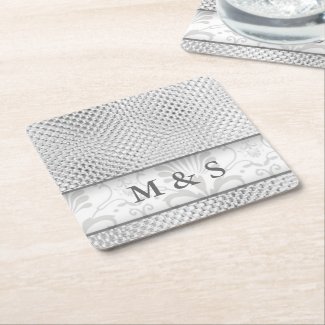 Shiny Look Silver Gray Custom Monogram Initials Square Paper Coaster