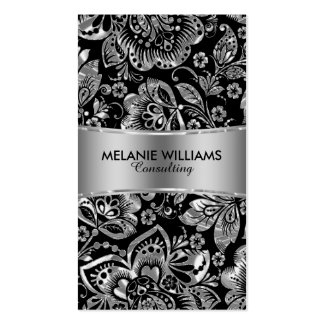 Shiny Metallic Silver Baroque Floral Damasks Double-Sided Standard Business Cards (Pack Of 100)