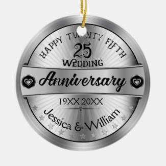 Shiny Silver 25th Wedding Anniversary Double-Sided Ceramic Round Christmas Ornament