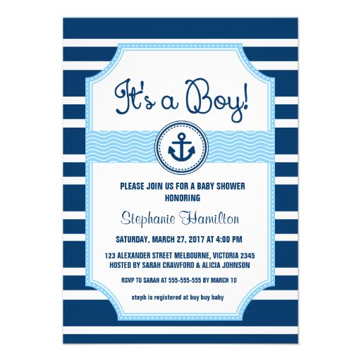 Ship anchor nautical baby boy shower announcements (front side)