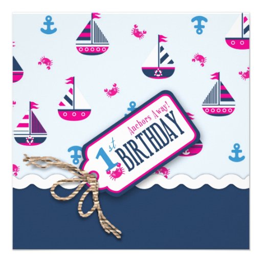 Ships Ahoy! Girl Birthday Invite Square 1