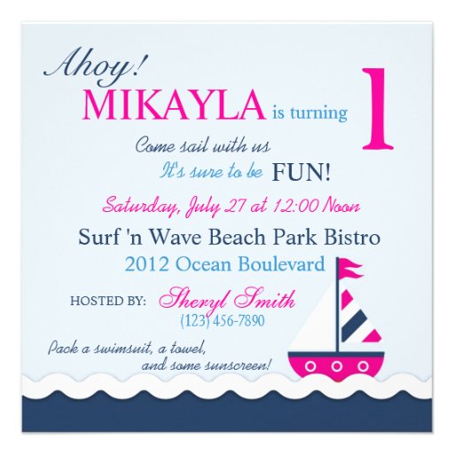 Ships Ahoy! Girl Birthday Invite Square 1