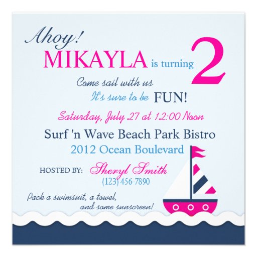Ships Ahoy! Girl Birthday Invite Square 2