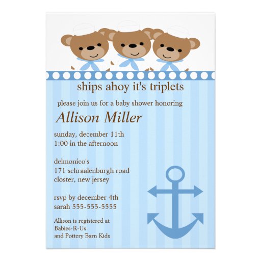 Ships Ahoy It's TRIPLET'S Baby Shower Custom Announcement (front side)