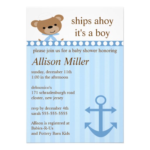 Ships Ahoy Nautical Boy Baby Shower Personalized Announcement