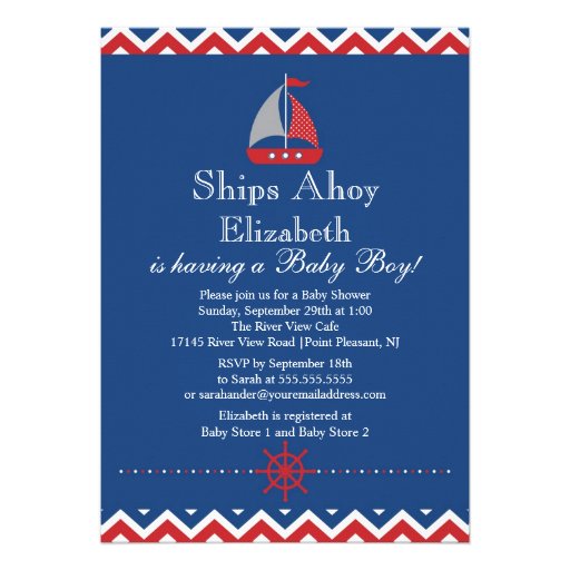 Ships Ahoy Nautical Sailboat Boy Baby Shower Personalized Announcement