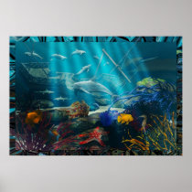 dolphin, dolphins, ocean, sea, underwater, scene, ship, wreck, shipwreck, fish, art, digital, fantasy, undersea, Poster with custom graphic design
