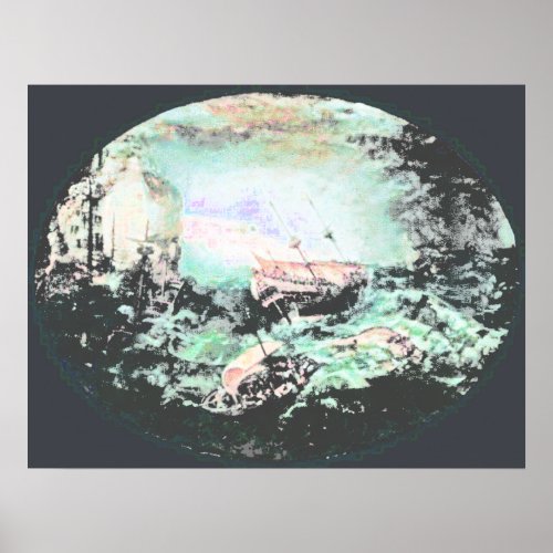 Shipwreck off a rocky coast print