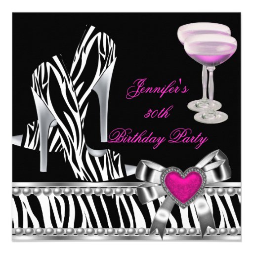 Shoes Pink 30th Birthday Party Zebra Champagne Custom Announcements