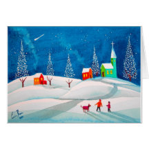 Shooting star folk naive art winter snow scene greeting card